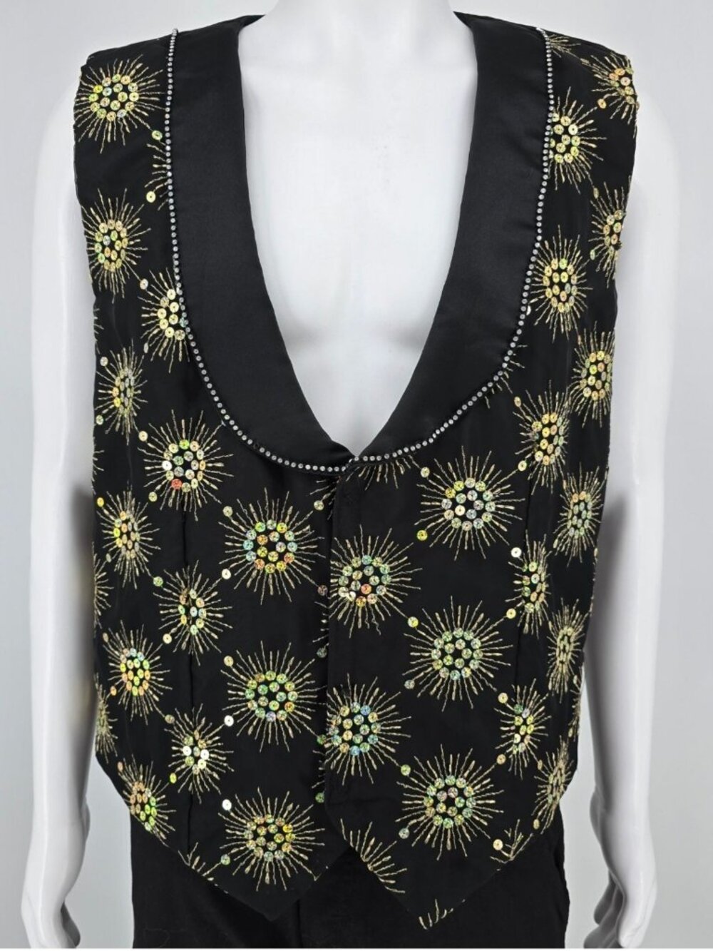 Vintage 1990s Rivar's Stagewear Black Sunburst Sequin Rhinestone Trim Vest (L)